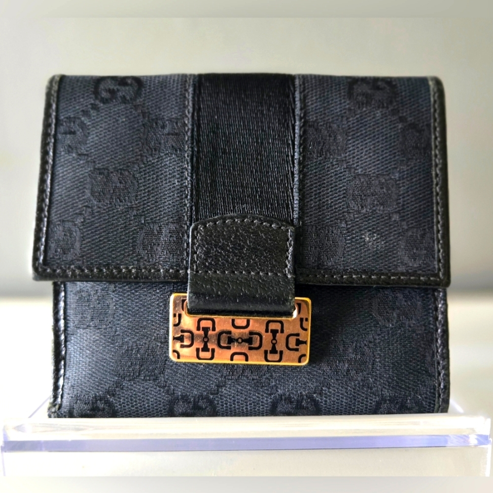 Gucci Vintage Horsebit GG Canvas Compact Bi-fold Wallet - Black